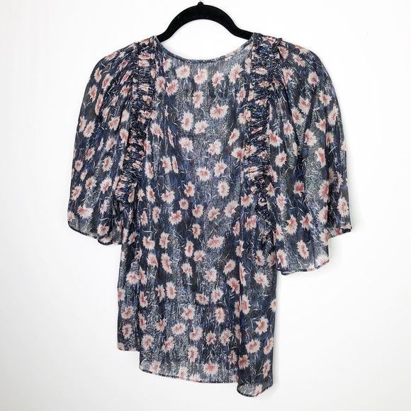 REBECCA Taylor navy blue floral sheer shimmer blouse - Picture 4 of 9